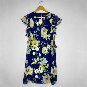 New JESSICA HOWARD Floral Print Flutter Sleeve A-Line Dress Women's Size 6 Navy